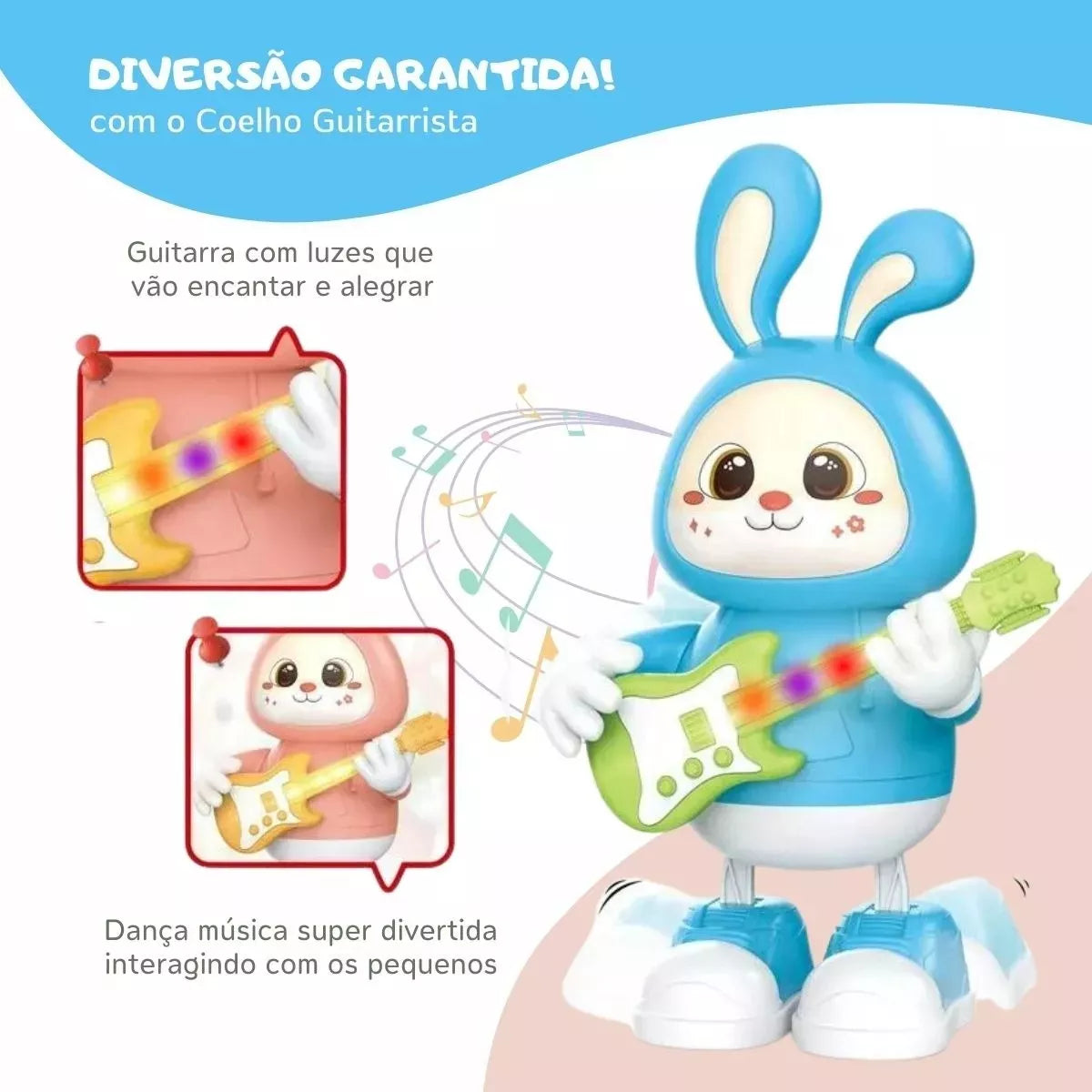 Coelho Musical Dançante - Brinquedo Educacional com Luzes e Guitarra para Crianças