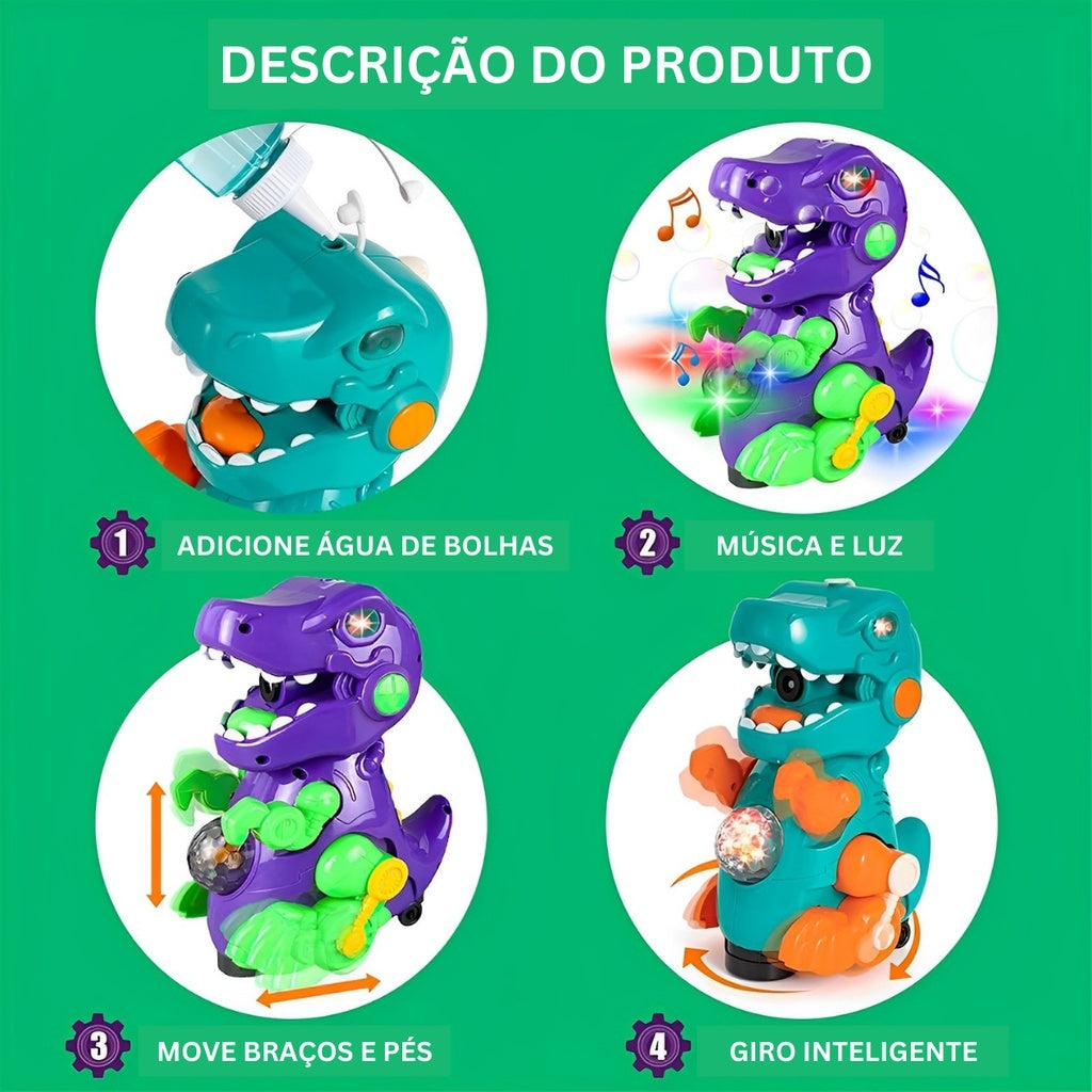 Dinossauro Bate E Volta Solta Bolha De Sabão Emite Som e Luz
