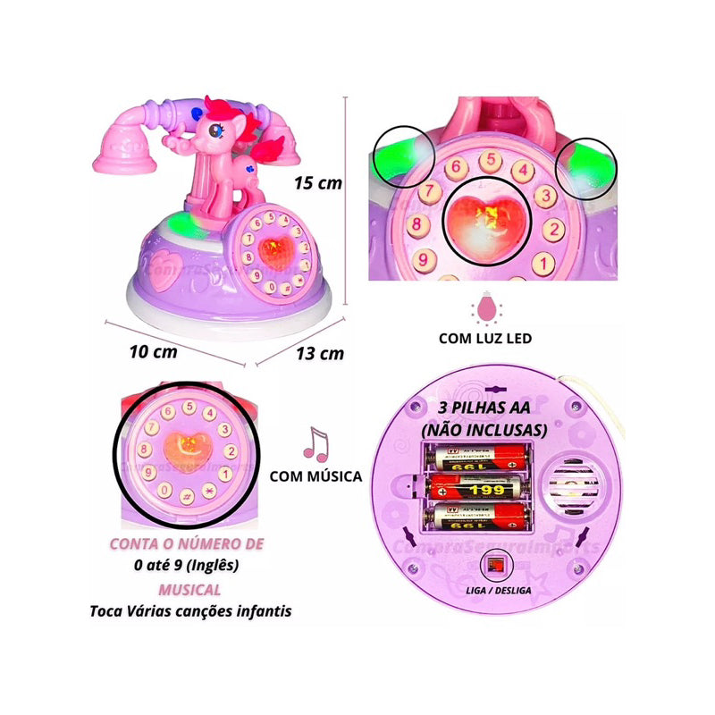 Telefone Brinquedo Pônei Unicórnio Rosa Musical Luz Celular